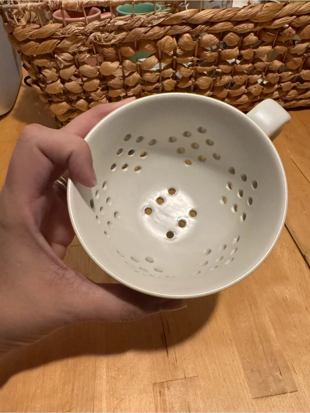 Crate&Barrel White Ceramic Colander Mug with Round Handle